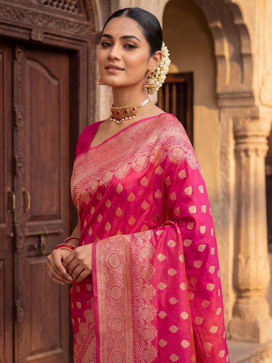 Saree Festive Rani Pink Floral Butti Banarasi Silk