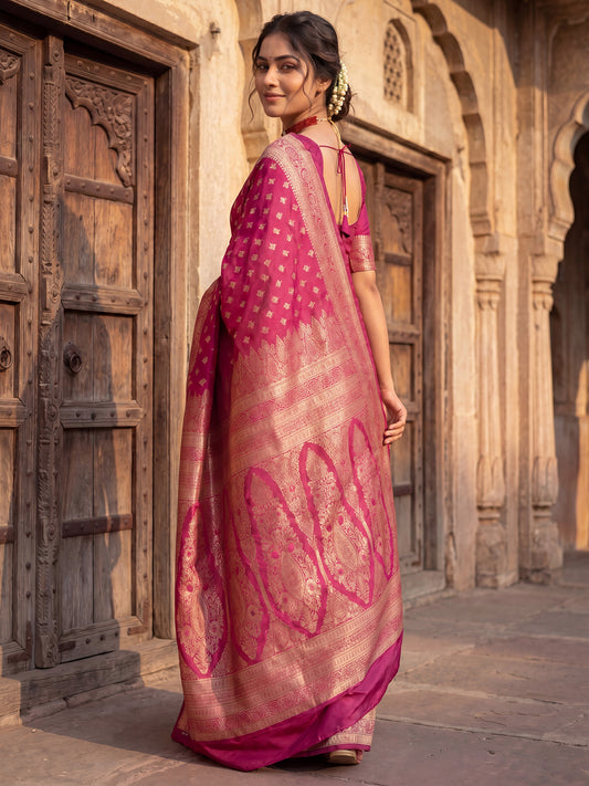 Saree Festive Magenta Pink Floral Butti Banarasi Silk