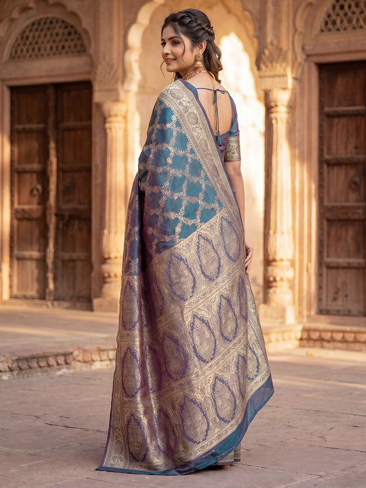 Saree Majestic Teal Green and Melted Purple Dual-Tone Banarasi Silk