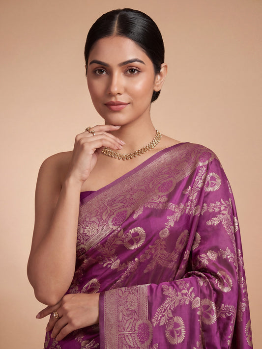 Saree Heirloom Wine Maroon Foliage Vine Banarasi Silk
