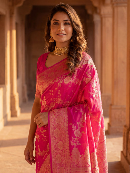 Saree Royal Rani Pink Vine & Heritage Paisley Banarasi Silk