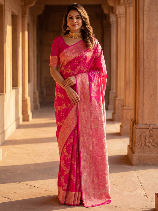 Saree Royal Rani Pink Vine & Heritage Paisley Banarasi Silk