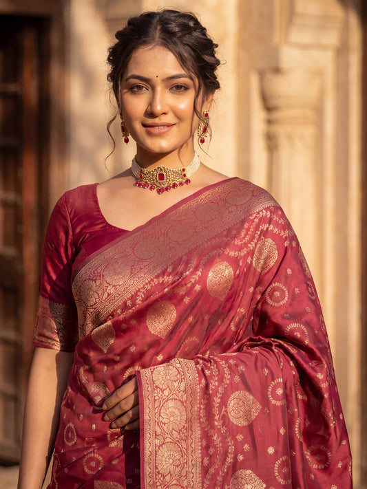 Saree Heritage Maroon Bandhani Grid & Paisley Banarasi Silk
