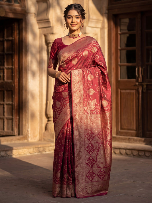 Saree Heritage Maroon Bandhani Grid & Paisley Banarasi Silk