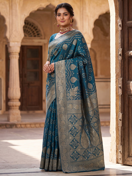 Saree Heritage Rama Teal Bandhani Grid &amp; Paisley Banarasi Silk