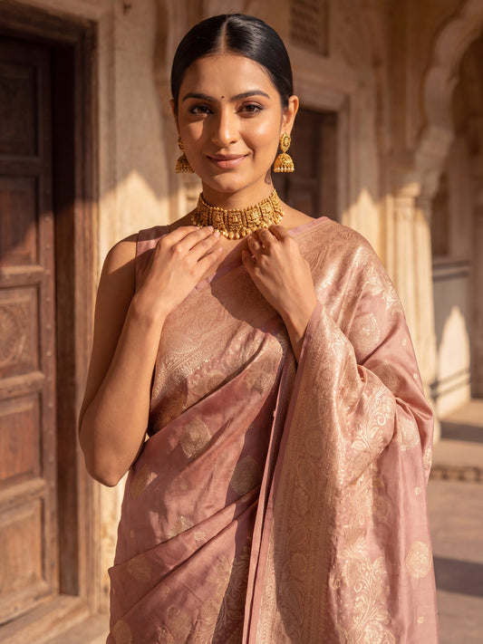 Rose Gold Pink Banarasi Tissue Silk Metallic Zari Border Royal Appeal Saree