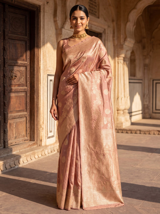 Rose Gold Pink Banarasi Tissue Silk Metallic Zari Border Royal Appeal Saree