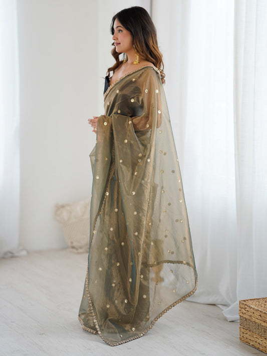 Sage Green Organza Saree with Gold Sequin Embroidery & Blouse