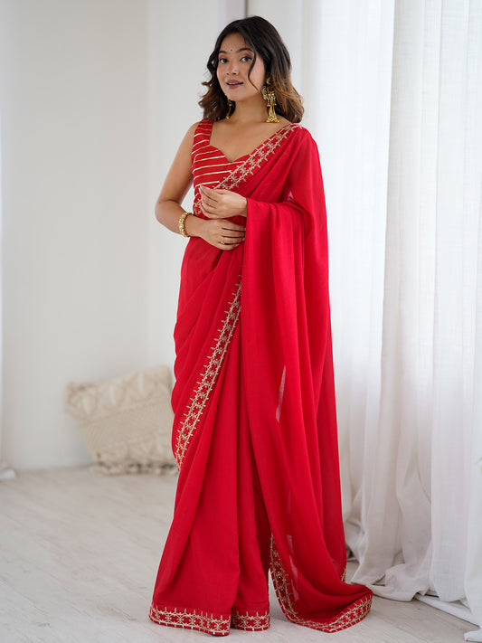 Cherry Red Georgette Saree with Gold Geometric Embroidered Border & Gold Stripe Blouse