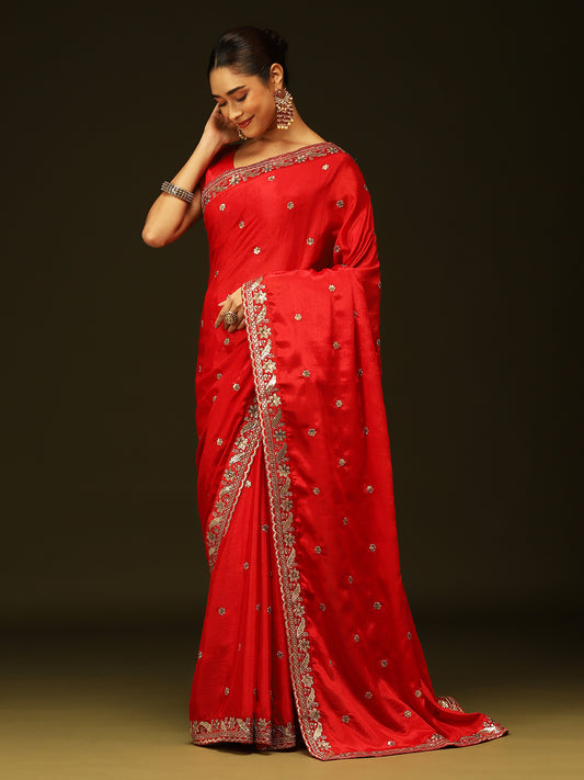 Red Embroidered Silk Saree with Matching Blouse