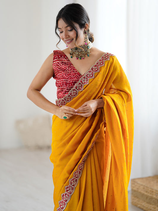 Yellow Georgette Saree with Bandhani Blouse | Embroidered Border