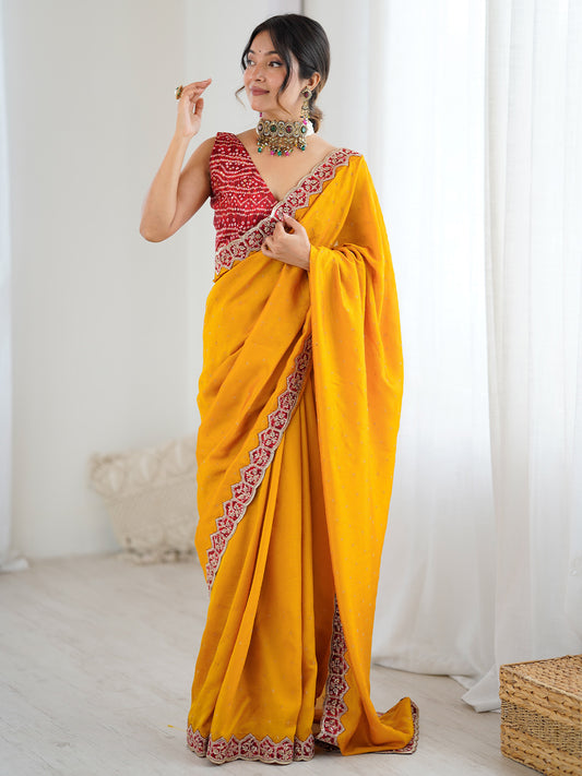 Yellow Georgette Saree with Bandhani Blouse | Embroidered Border