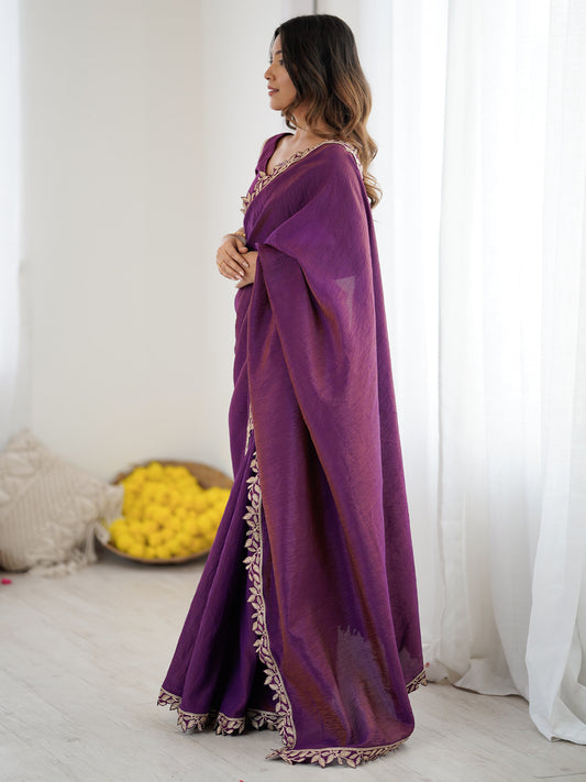 Purple Silk Saree with Leaf Embroidery Border