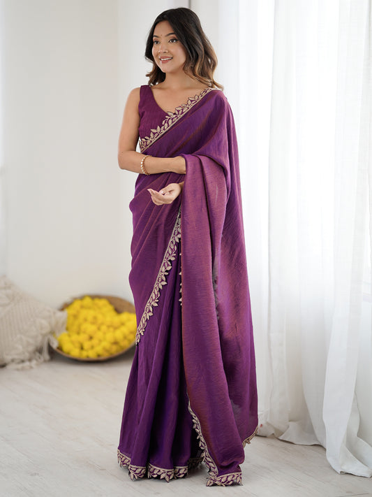 Purple Silk Saree with Leaf Embroidery Border