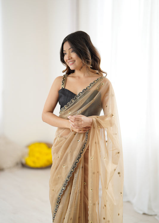 Golden Organza Embellished Saree with Black Border