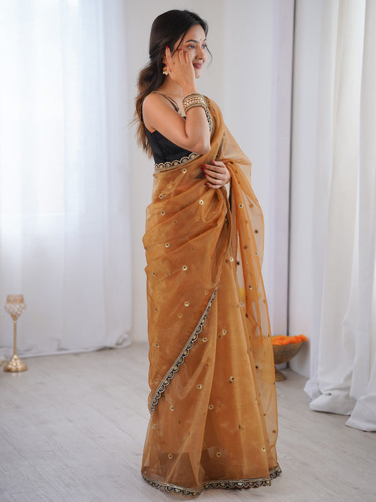 Golden Organza Saree with Sequin Embroidery & Black Border