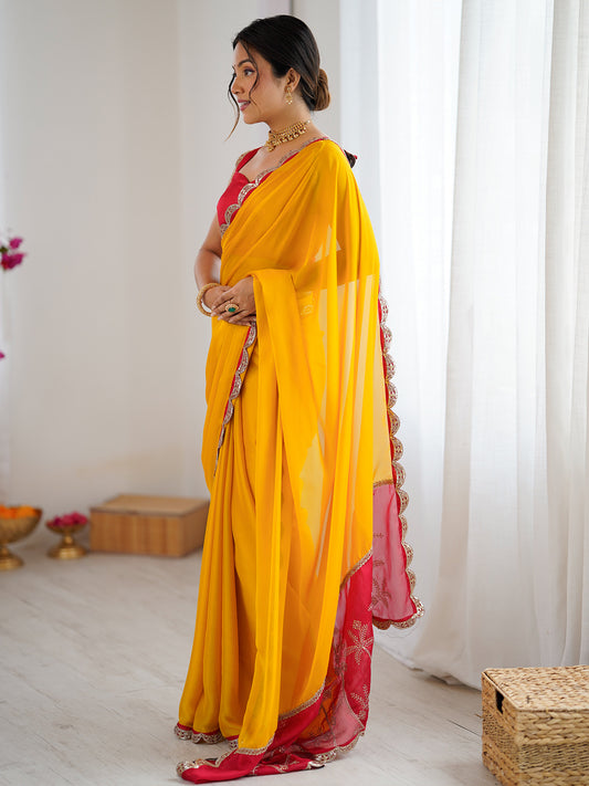 Yellow & Red Georgette Saree