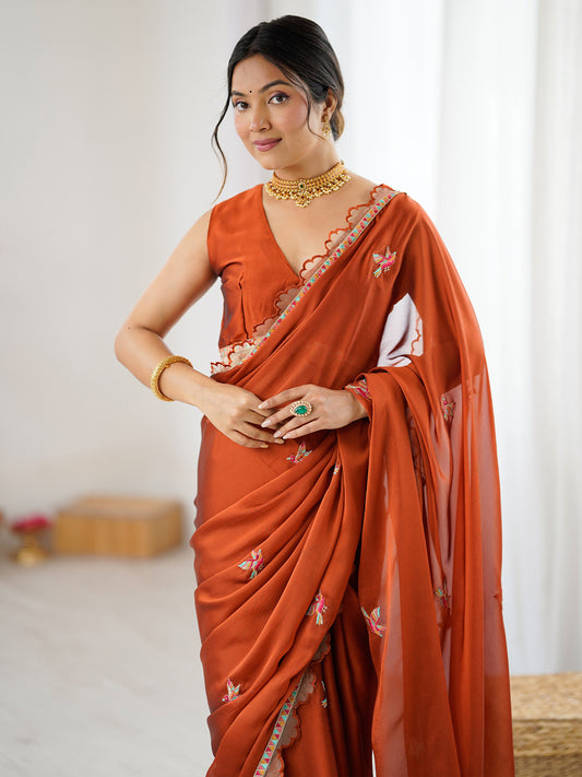 Rust Orange Polyester Embroidered Border Saree