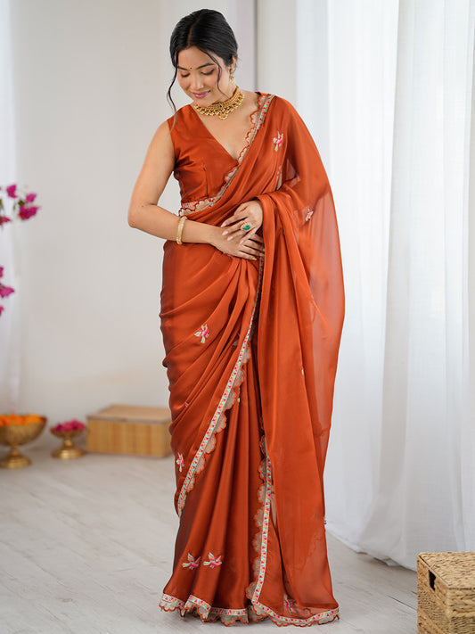 Rust Orange Polyester Embroidered Border Saree