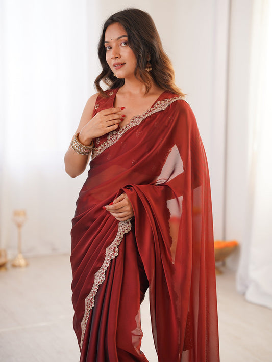 Crimson Elegance Georgette Saree with Gold Lace Border