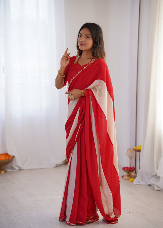 Red & White Striped Georgette Saree with Gold Lace Border