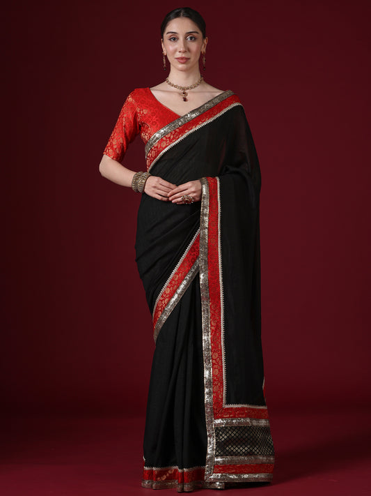 Black Georgette Saree with Red Banarasi Border & Gold Sequin Work