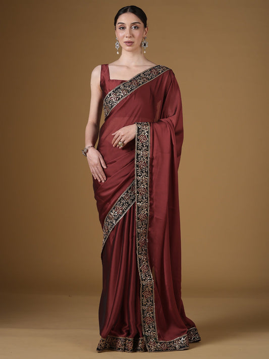 Maroon Silk Saree with Zardozi Embroidered Border |