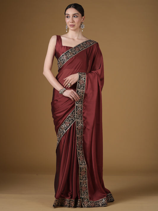 Maroon Silk Saree with Zardozi Embroidered Border |