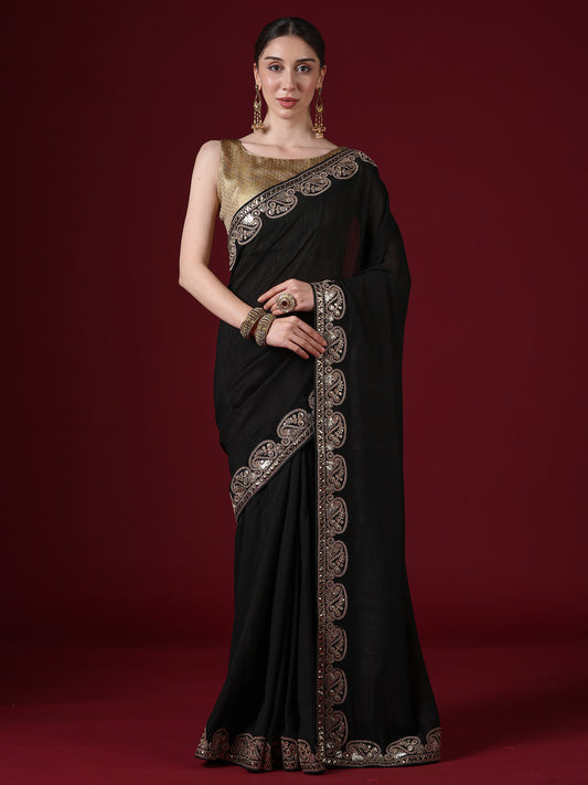 Black Georgette Saree with Gold Embroidered Paisley Border