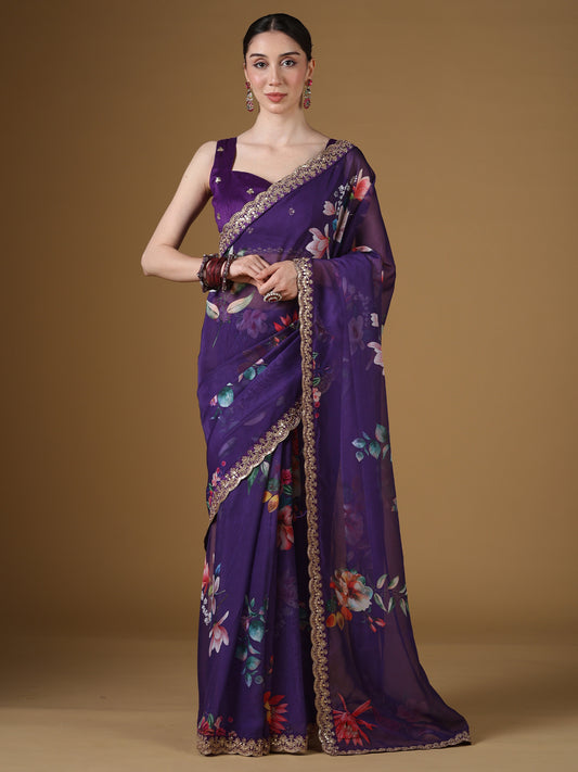 Purple Floral Organza Saree with Embroidered Border