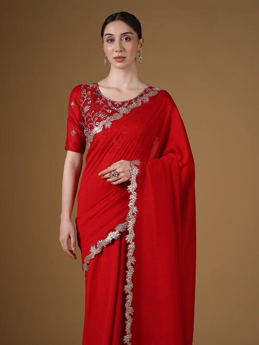 Red Embroidered Silk Saree with Zardozi Border & Embellished Blouse