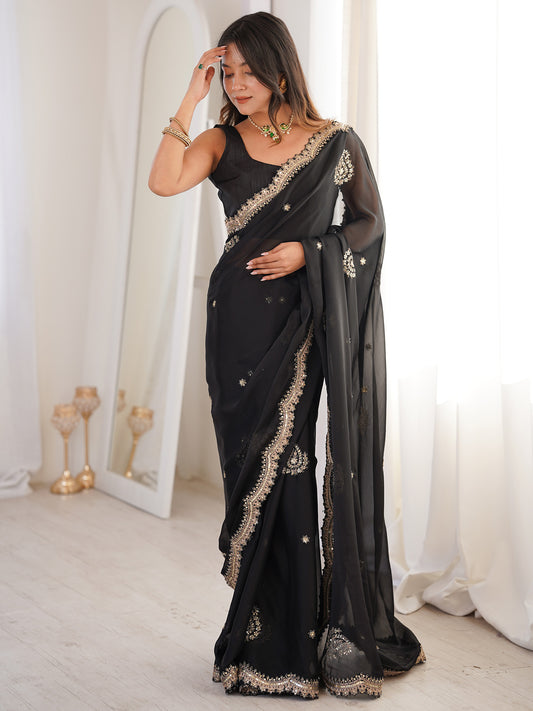 Black Georgette Embroidered Saree with Gold Zari Border