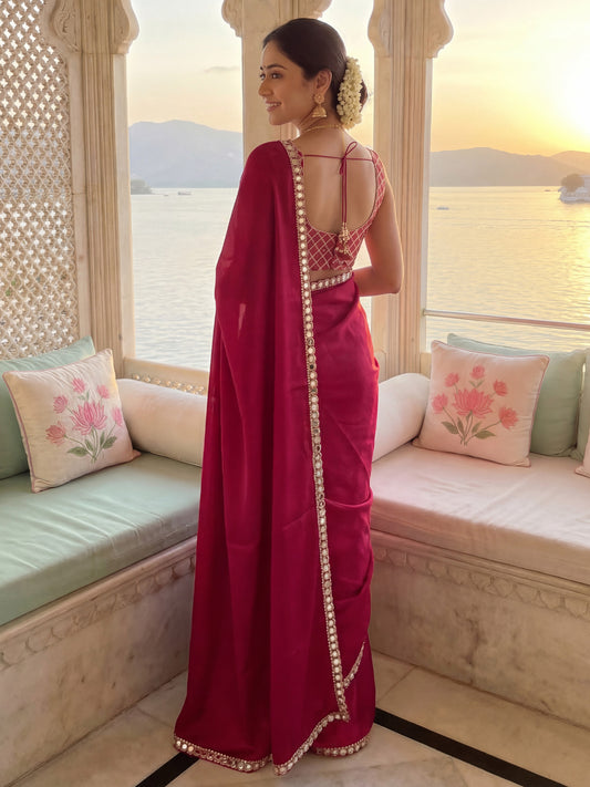 Rani Pink Georgette Saree with Mirror Work Border