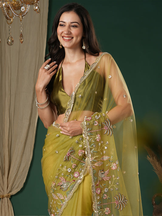 Olive Green Tissue Silk Saree