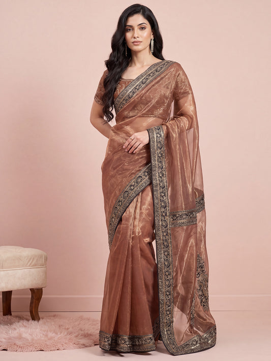 Rose Gold Tissue Silk Saree Heavy Embroidered Border