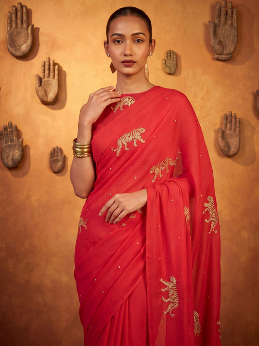 Red Satin Saree