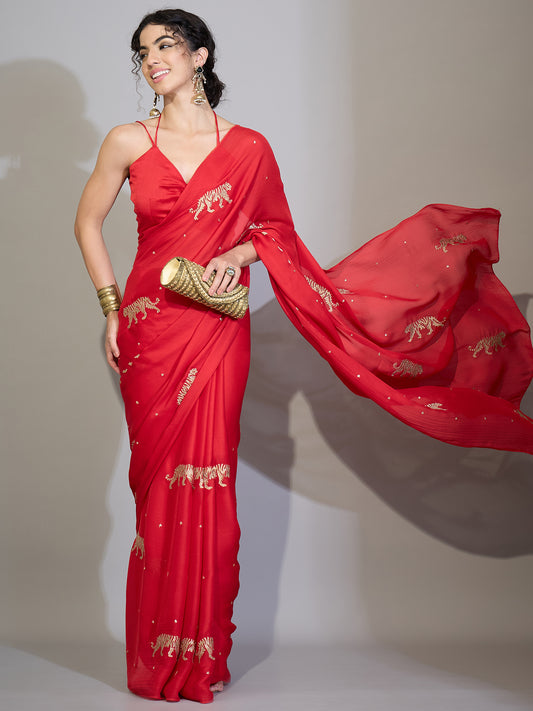 Red Georgette Sequin Embroidered Saree