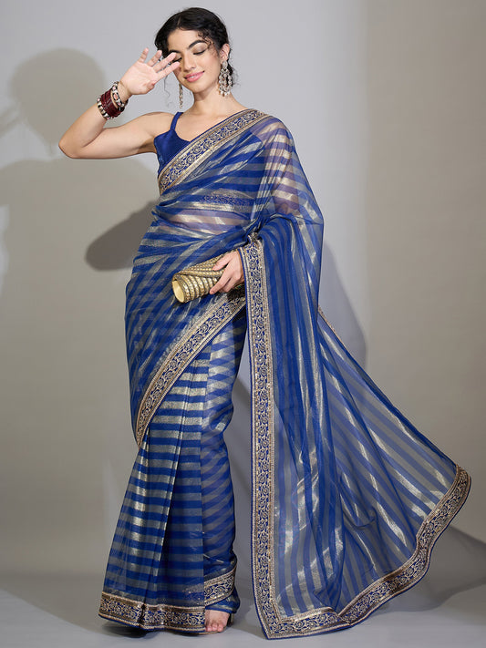 Royal Blue Organza Zari Stripes & Embroidered Border Saree
