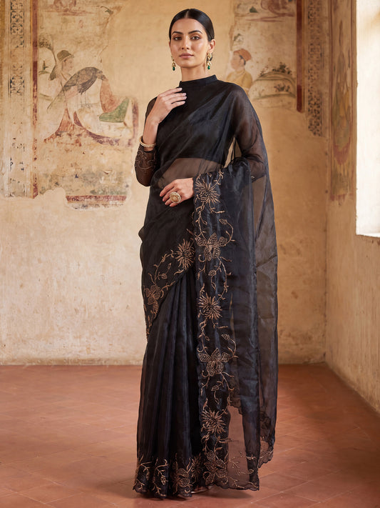 Black Organza Floral Embroidery Saree