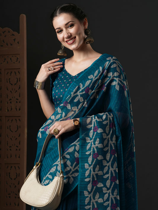 Teal Blue Cotton Slub floral Printed Saree