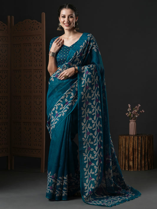 Teal Blue Cotton Slub floral Printed Saree