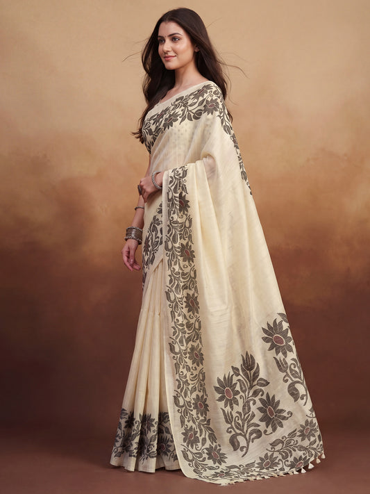 Cream Tussar Silk Madhubani Inspired Floral Print Saree