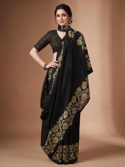 Black Tussar Silk Madhubani Inspired Floral Print