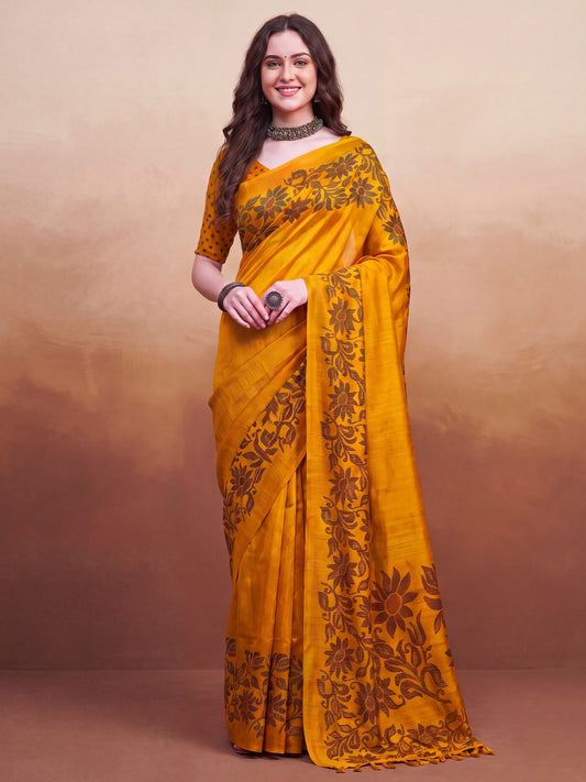 Mustard Yellow Tussar Silk Madhubani Inspired Floral Print Saree