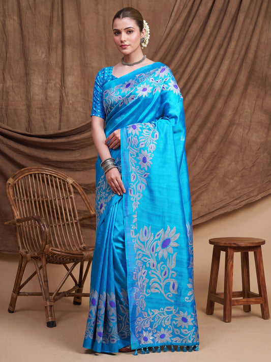 Sky Blue Tussar Silk Madhubani Inspired Floral Print Saree