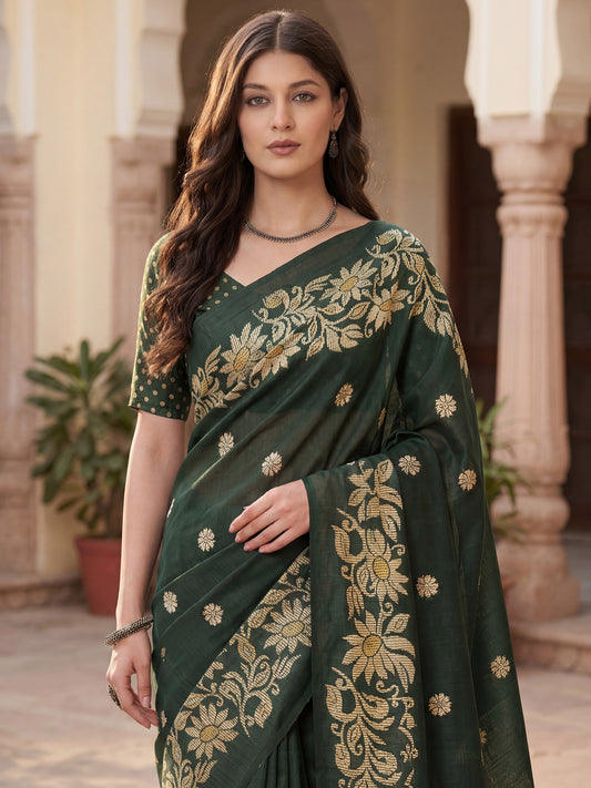 Dark Green Tussar Silk Madhubani Inspired Floral Print Saree