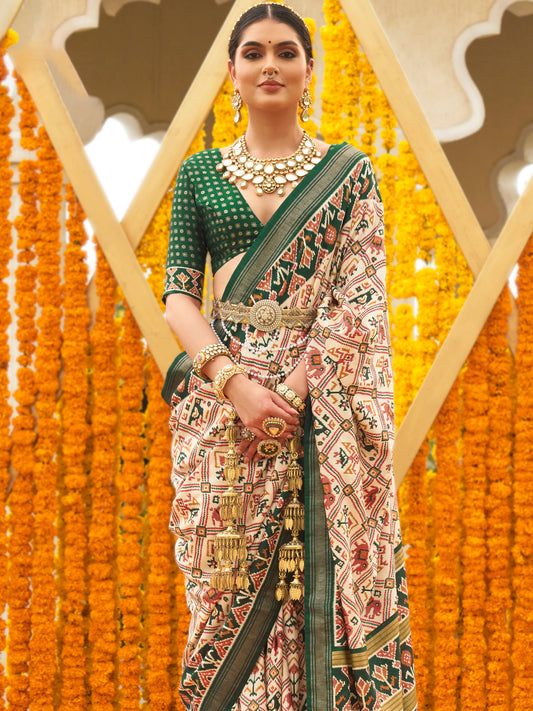 Heritage Maroon, Off-White, Cream, and Green Patola Silk Blend Saree