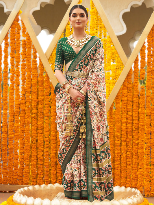 Heritage Maroon, Off-White, Cream, and Green Patola Silk Blend Saree