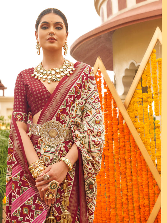 Maroon & Off-White Silk Blend Heritage Patola Saree