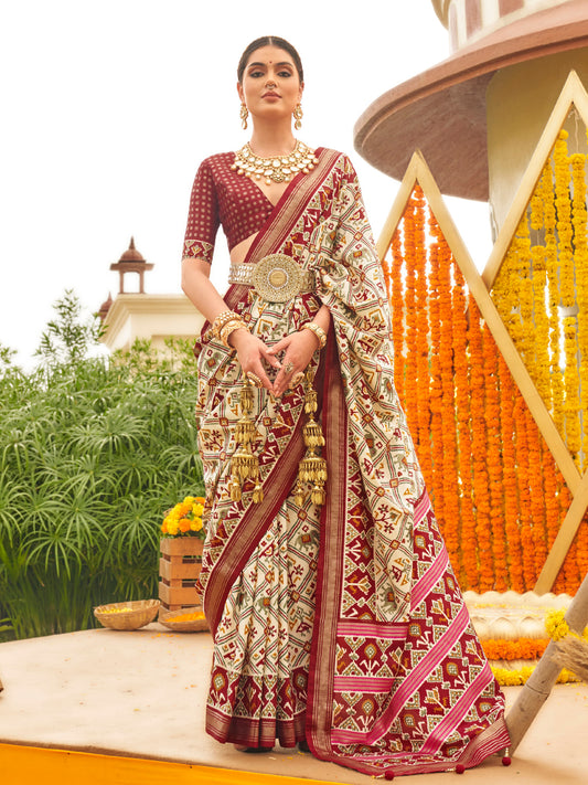 Maroon & Off-White Silk Blend Heritage Patola Saree